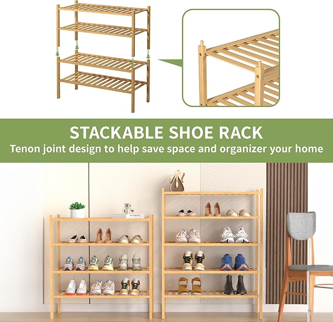 5 Tier Bamboo Shoe Rack for Closet Free Standing Wood Shoe Shelf for Entryway Small Space Stackable 27