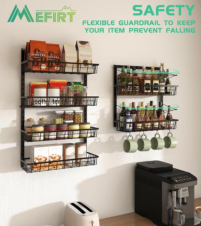 Over The Door Pantry Organizer, Pantry Storage and Organization, 6-Tier Adjustable Hanging Baskets, Metal Wall Mount Spice Rack Seasoning Shelves for Home & Kitchen, Laundry Bathroom - Black