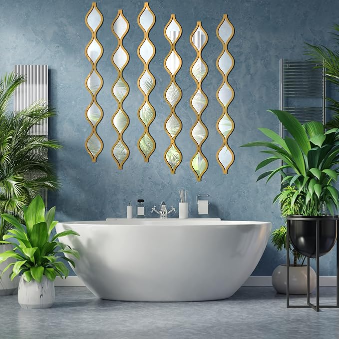 Yulejo 6 Pcs Acrylic Teardrop Mirror Decor - Narrow Wall Decor Boho Vintage Wall Art for Apartment Home Living Room Bathroom Bedroom Hallway (Gold Edge)