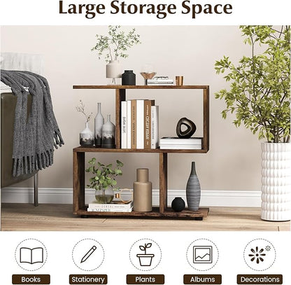 Giantex 3-Tier Geometric Bookshelf, 24" Tall Wood S-Shaped Display Shelves with Thick Foot Pads, Freestanding Open Shelves Nightstand, Floor Standing Display Shelf Bookcase, Brown