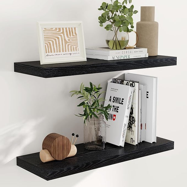 Fun Memories 32" W x 9.3" D Floating Shelves in Black, Rustic Wood Deep Shelves for Bedroom, Kitchen, Living Room, Long Floating Shelf for Wall, Storage Display Wall Shelf for Books Decor