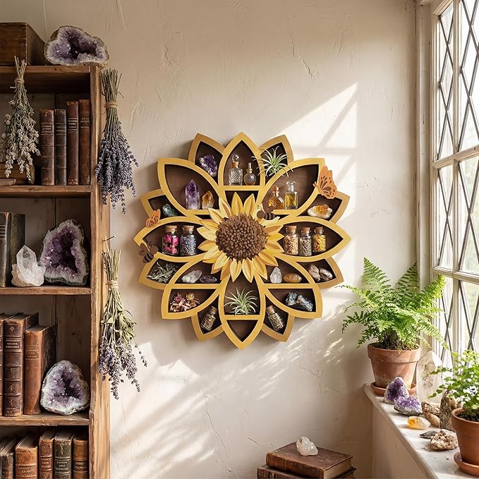 Sunflower Gifts for Women, Sunflower Decor Wooden Wall Floating Shelves with Lifelike Flower & Bee Accents, Trinket Crystal Display Shelf Boho Decor for Home Bedroom Living Room, Birthday Gift for Her