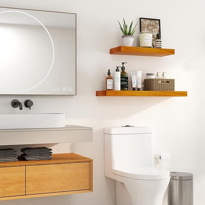Fun Memories Floating Shelves, 9.3'' Deep Solid Pine Wood Wall Shelves for Storage, Wall Mounted Display Shelf with Invisible Heavy-Duty Metal Bracket, 24'' Width Set of 2, Honey Oak