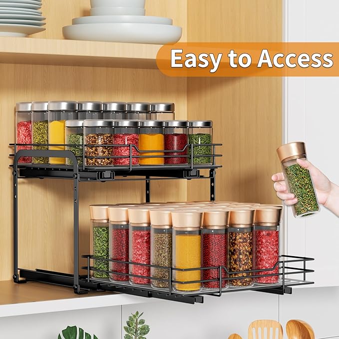RCHYFEED Spice Organization for Cabinet,2 Tier Pull out Spice Rack Organizer for Inside Cabinets & Pantry, Slide out Heavy Duty Spice Shelf Rack for Kitchen Seasoning (11.5
