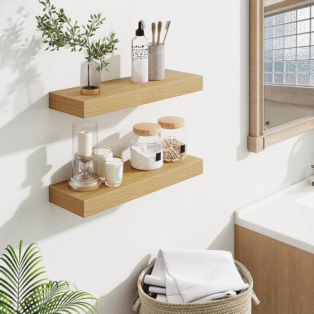 Fun Memories Floating Shelves Bathroom for Wall Mounted Shelves, 20 Inch Wood Shelf Set of 2, Home Storage & Display Decor, Oak