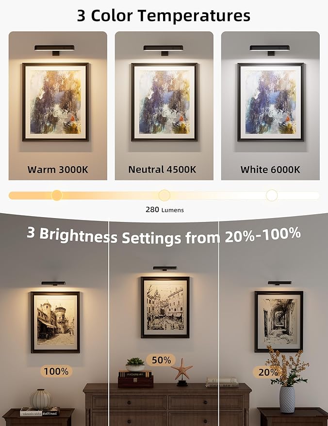 VOLISUN Picture Lights for Wall, Rechargeable Picture Light Battery Operated, 3 Color Temperatures Cordless Picture Light with Remote, Art Lighting for Paintings, Gallery, Portrait, 3 Pack (Black)