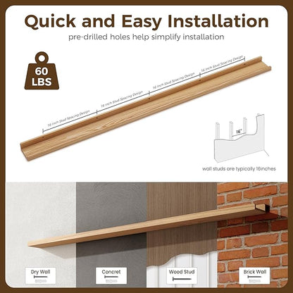 72 Inch Floating Shelves for Wall | Natural Wood Ledge Shelf Set of 2 | Solid Ash Wood Picture Ledge Shelves with Lip | Picture Shelf for Wall with Ledge | Photo Ledge Shelves