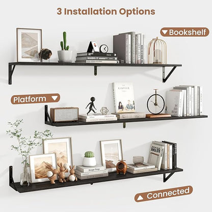 Axeman 48 Inch Floating Shelves | 8 Inch Deep Black Wall Shelves Set of 2 | 47.3" W x 8" D Rustic Black Wood Shelves for Bathroom Kitchen Living Room