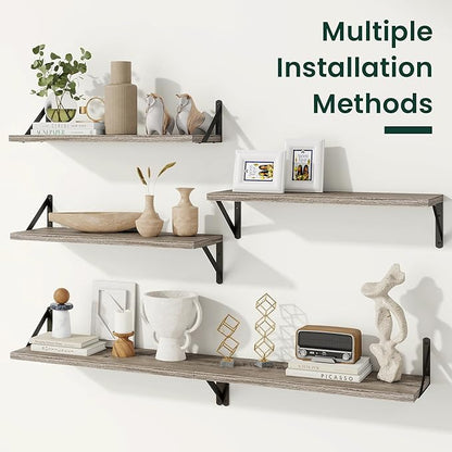 Floating Shelves, 8 Inch Deep Rustic Wood Wall Storage, 36W x 8D Wall Shelves Set of 2, Heavy Duty Metal Brackets, Industrial Book Shelf for Living Room, Kitchen, Bathroom, Bedroom, Grey