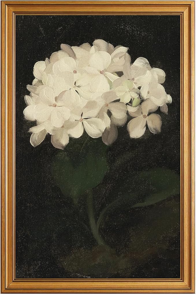 HUARCEY Gold Framed Vintage Wall Art for Living Room, Flowers Painting Canvas Prints Shelf Decor for Kitchen, Aesthetic Bedroom Wall Art, Christmas Gifts for Friends Family (White Hydrangea 16
