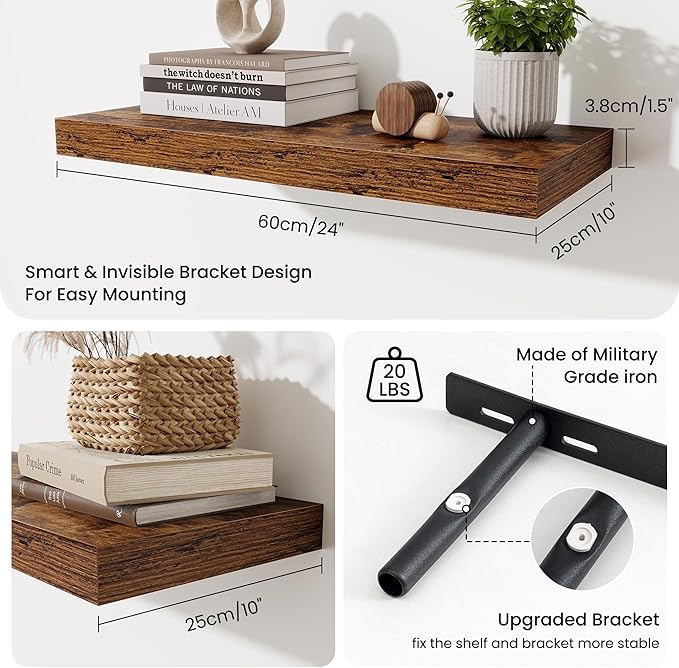 Fun Memories 24 Inch Floating Shelves Wall-Mounted, 10 Inch Deep Wall Shelves, 24 x 10 Floating Shelf for Living Room Bathroom Bedroom, Rustic Brown, Set of 2