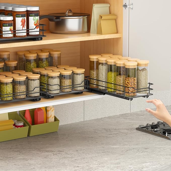 Pull Out Spice Rack Organizer for Cabinet, Heavy Duty Slide Out Spice Rack Organizer for Kitchen Cabinets and Pantry, Fits Spices, Sauces, Canned Food (4.5''Wx10.5''Dx2.5''H)