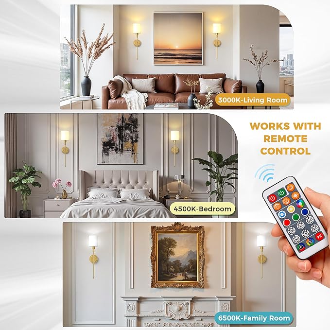 DORESshop Battery Operated Wall Sconce Set of 2, Wireless Wall Light Easy to Install, 10 Color, Sconce Wall Decor Set of 2 for Bedroom, Living Room, Gold and Milky White Glass Shade, 24.3in
