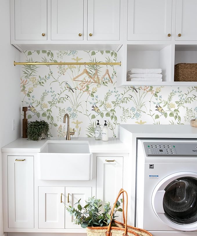 Erfoni 16.9" x118" Boho Floral Peel and Stick Wallpaper Green Floral and Birds Contact Paper DIY Self Adhesive Removable Wallpaper for Livingroom Cabinet Decor Modern Flower Leaf Wall Paper Vinyl Roll