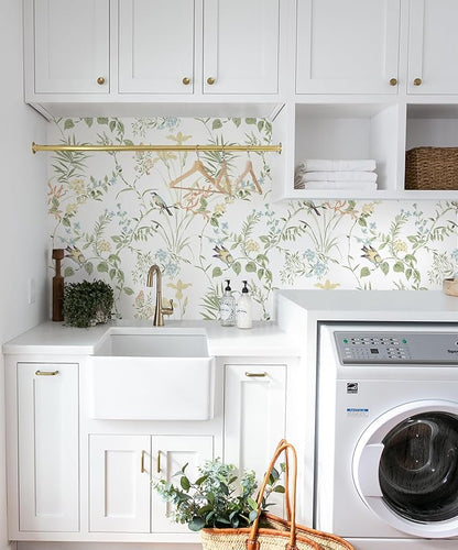 Erfoni 16.9" x118" Boho Floral Peel and Stick Wallpaper Green Floral and Birds Contact Paper DIY Self Adhesive Removable Wallpaper for Livingroom Cabinet Decor Modern Flower Leaf Wall Paper Vinyl Roll