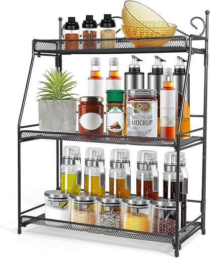 Uten Standing Spice Rack 3 Tier Metal Foldable and Durable Kitchen Rack for Countertop Kitchen Bathroom, Shelf Organizer, Standing Stainless Steel Tiered Shelf