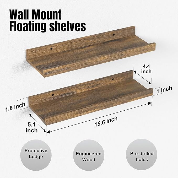 Floating Shelves for Wall, Wall Mounted Shelves Set of 2, Rustic Shelves with Lip, Display Picture Ledge Shelf for Wall Decor Living Room Bathroom Kitchen - Brown