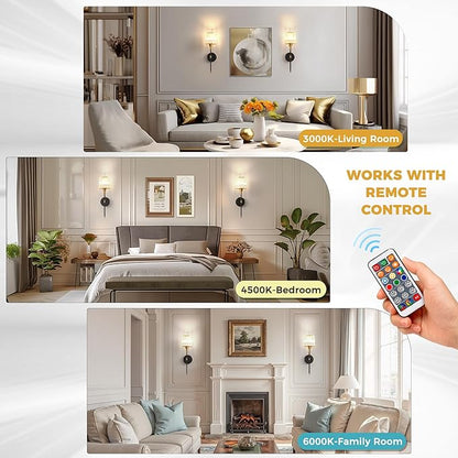 DORESshop Battery Operated Wall Sconce Set of 2, Wireless Wall Light, 15 Color Rechargeable Wall Sconces, Sconce Wall Decor Set of 2 for Bedroom, Living Room, Black and Crystal, 24.6in