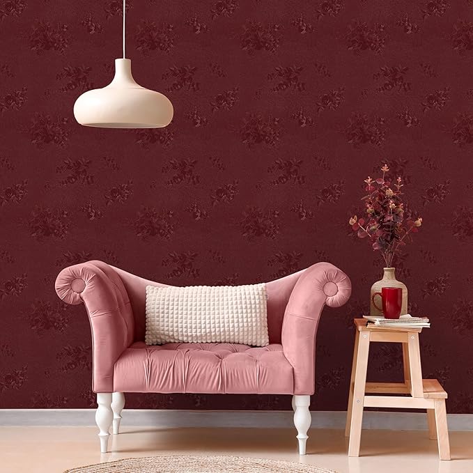 CHIHUT Thicken Embossed Floral Wallpaper Stick and Peel 12”x472” Dark Red Flower Contact Paper Self Adhesive Textured Floral Wall Paper for Bedroom Decorative Vinyl Roll for Cabinets Countertops