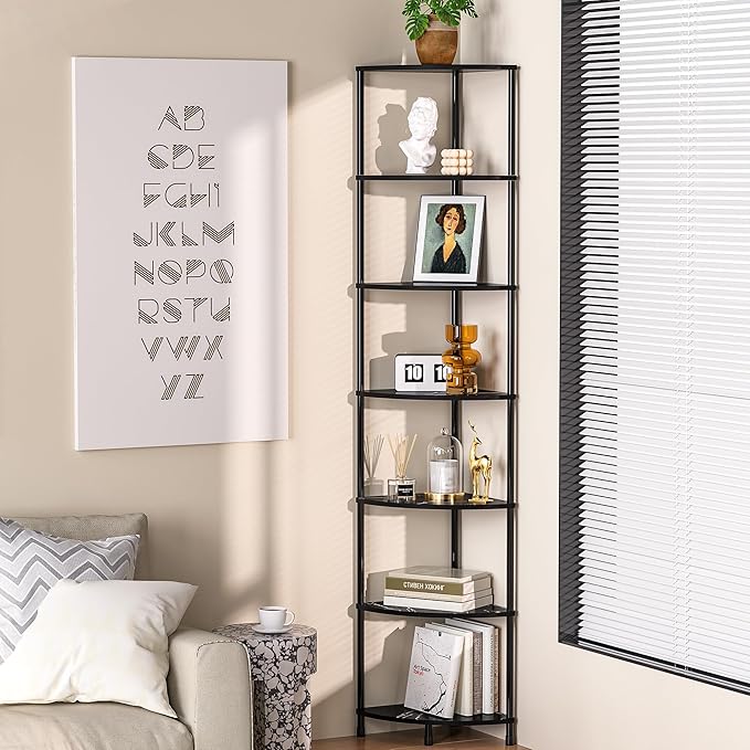 Book Corner Shelf, 7 Tier Corner Bookshelf Display for Living Room Decor, 64.7