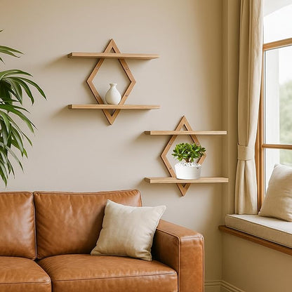 Floating Shelves for Wall,Decorative Wall Shelf,2 Tier Hanging Shelf for Plants Storage Display Holder,Indoor Decor for Living Room Home Office Bathroom Bedroom,Solid Wood,Diamond Shaped,2 Pack