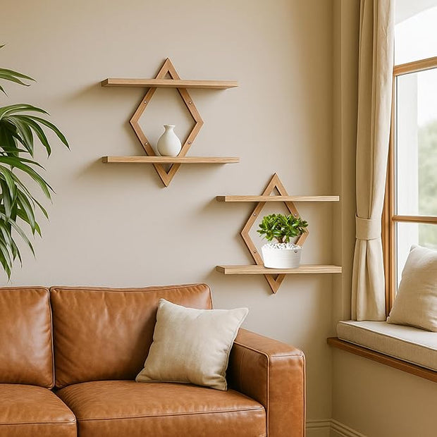 Floating Shelves for Wall,Decorative Wall Shelf,2 Tier Hanging Shelf for Plants Storage Display Holder,Indoor Decor for Living Room Home Office Bathroom Bedroom,Solid Wood,Diamond Shaped,2 Pack