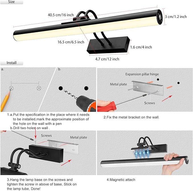 Picture Light,Wireless Art Light Stick-On,Magnetic Wall Light,Battery Accent Light with Timer and Dimmable for Painting,Frame,Portrait,Artwork-Black 16"