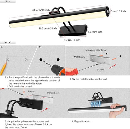 Picture Light,Wireless Art Light Stick-On,Magnetic Wall Light,Battery Accent Light with Timer and Dimmable for Painting,Frame,Portrait,Artwork-Black 16"