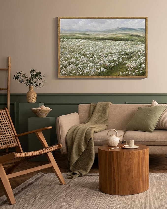 SHENIFY 24x36in Large Vintage Landscape Framed Canvas Wall Art Countryside Flower Field Classic Paintings Farmhouse Bathroom Office Decor - Natural Framed