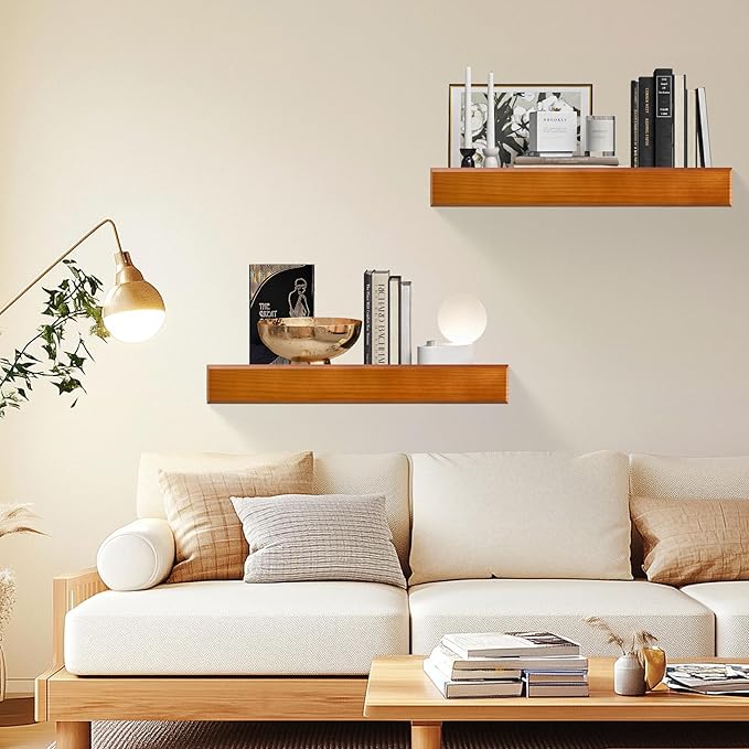 24 Inch Picture Ledge Shelf with Lip,Floating Shelves for Wall, Set of 2 Solid Pine Wood Shelves with Invisible Brackets, Wall Storage for Living Room, Bedroom, Kitchen, Bathroom(Dark Brown)