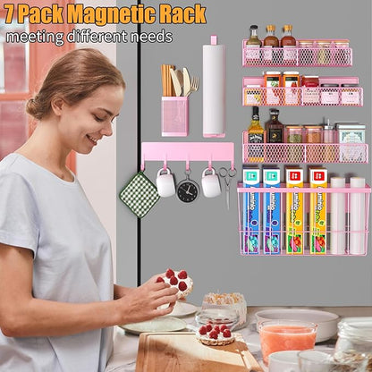 Magnetic Spice Rack for Refrigerator, 7 Pack Metal Magnetic Shelf, Moveable Magnetic Storage Fridge Organizer Pink, Spice Organizer, Hook Rack, Paper Towel Holder, Cutting Board Holder, HM5470