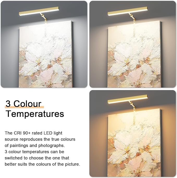 4W Plug in Picture Light for Paintings with Remote Control, 12" LED Art Display Lighting for Gallery, Dartboard, Artwork, Gold Wall Mounted Picture Frame Light