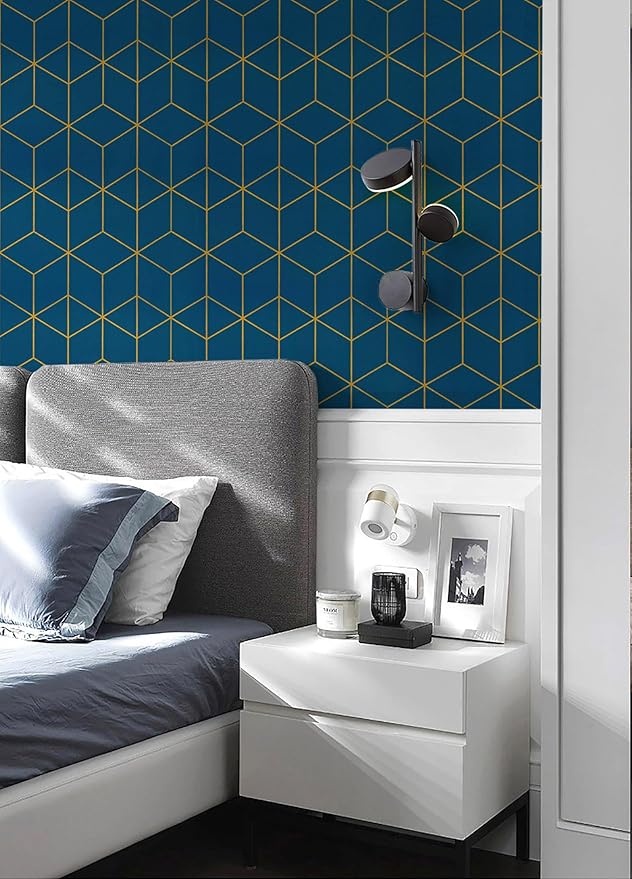 Safiyya Peel and Stick Wallpaper Gold and Blue Wallpaper Modern Geometric Contact Paper Waterproof Self Adhesive Wall Paper for Bedroom Bathroom Vinyl Roll 393