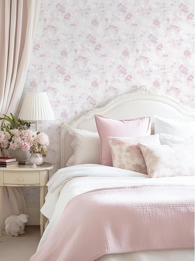 Dimoon 197"x17.3" Pink Wallpaper Floral Contact Paper Peel and Stick Wallpaper White Vintage French Country Renter Friendly Bathroom Boho Flower Removable Wall Paper Kitchen Self Adhesive Vinyl Roll