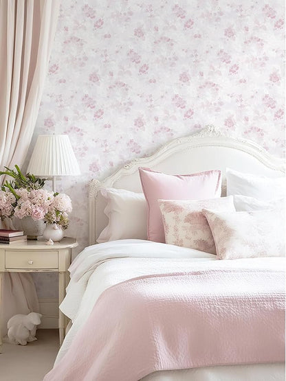 Dimoon 197"x17.3" Pink Wallpaper Floral Contact Paper Peel and Stick Wallpaper White Vintage French Country Renter Friendly Bathroom Boho Flower Removable Wall Paper Kitchen Self Adhesive Vinyl Roll