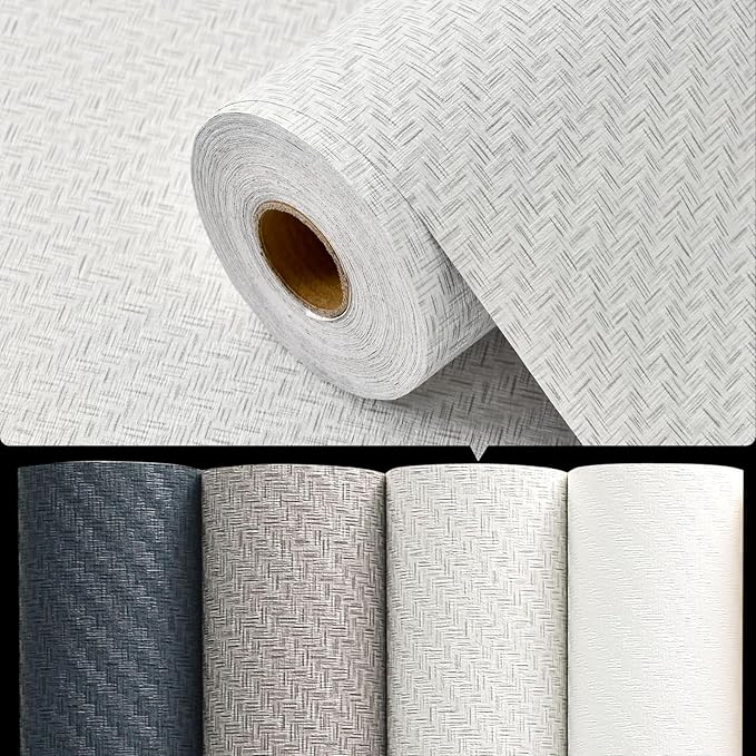 Haimin Fabric Wallpaper Textured Contact Paper (24in X 393in) Grasscloth Wallpaper Peel and Stick Faux Linen Wall Paper Waterproof Vinyl Self Adhesive (Light Gray)