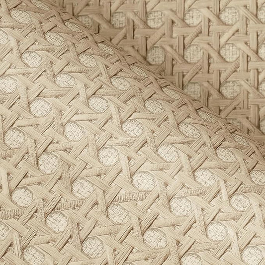 FunStick 24"x200" Beige Taupe Rattan Peel and Stick Wallpaper Vintage Removable Faux Textured Rattan Cane Brown Contact Paper for Kitchen Cabinet Wallpaper Wood Vinyl Wrap for Dresser Bedroom Walls