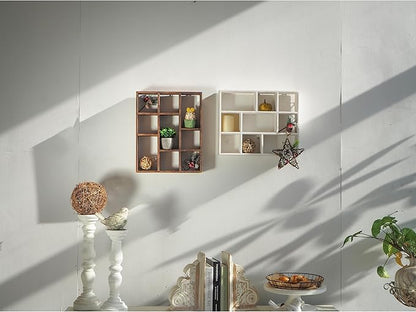 SOFE Small White Shadow Box with Shelves, Wall Shelving Unit 9-Compartments, Freestanding or Wall Mounted Curio Cabinet, Knick Knack Display Shelf, Wood Floating Cube Shelves for Walls, Collectibles