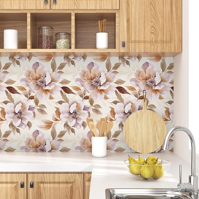 Purple Floral Peel and Stick Wallpaper Watercolor Contact Paper 17.5" × 118" Waterproof Vinyl Self Adhesive Vintage Brown Flower Wall Paper for Bedroom Walls Cabinet Locker Decor