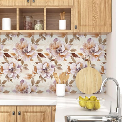 Purple Floral Peel and Stick Wallpaper Watercolor Contact Paper 17.5" × 118" Waterproof Vinyl Self Adhesive Vintage Brown Flower Wall Paper for Bedroom Walls Cabinet Locker Decor