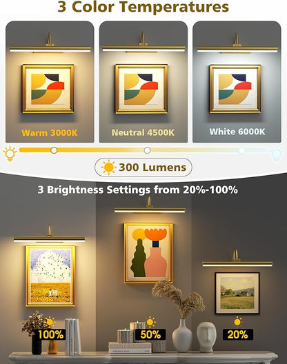 VOLISUN Picture Lights for Wall, 16 inch Rechargable Picture Light Battery Operated, 3 Color Temperatures Cordless Picture Light with Remote, Art Light for Paintings, Gallery, Portrait, 2 Pack (Gold)