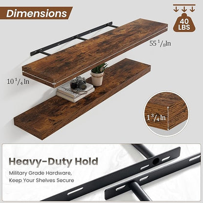 Heimlove Floating Shelves for Wall 55 Inch Long,Extra Large and Thick Wood Shelves Mounted Storage Hanging Shelf Invisible Bracket for Bedroom,Living Room,Kitchen,Office,Set of 2,Rustic Brown