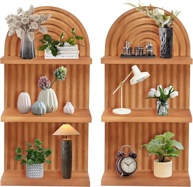 Qivine 2Pcs Boho Shelves for Wall, 3 Tier Rainbow Arch Wooden Floating Shleves, Boho Mid Century Shelf with Arched Wood Design Wall Mounted for Living Room, Bedroom, Bathroom Decor (Brown, 3-Tier)