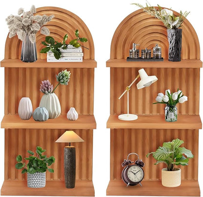 2 PCS Boho Wall Shelf with Screws, Wooden Rainbow Wall Shelves Mid Century Boho Arch Shelf, Boho Decor Shelves for Bathroom, Bedroom, Kitchen Decoraction and Storage (Wood-05)