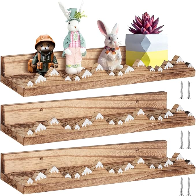 Wenqik 3 Pcs Snow Mountain Floating Shelves Wood Nursery Book Shelves Wall Mounted Rustic Floating Ledge for Kids Room(Light Brown)