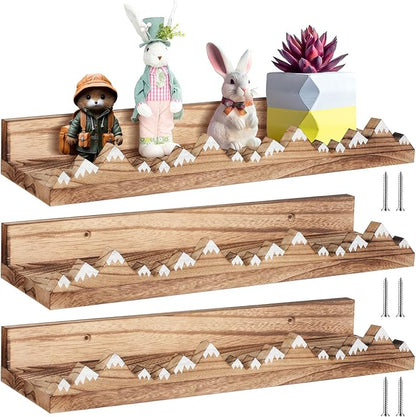 Wenqik 3 Pcs Snow Mountain Floating Shelves Wood Nursery Book Shelves Wall Mounted Rustic Floating Ledge for Kids Room(Light Brown)