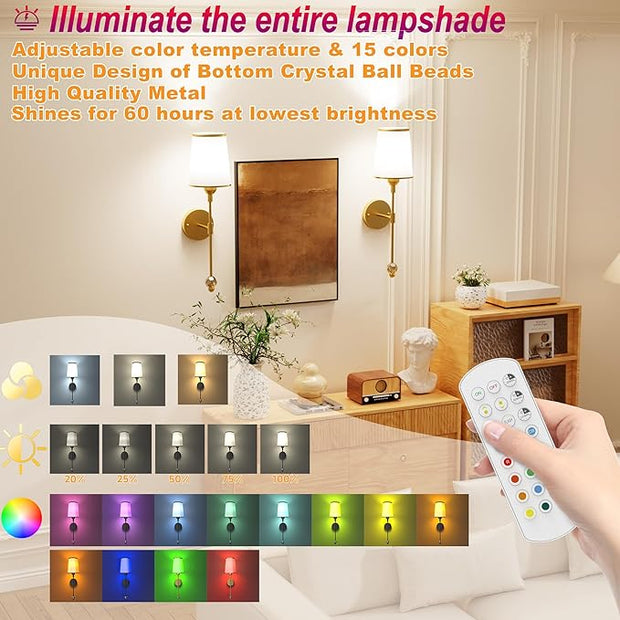 PAIHOME Gold Wall Sconces Set of Two, Wireless Battery Operated Wall Sconces with 5000mAh Dimmable 15 Colors Bulb and Remote, Rechargeable Wall Sconce for Bedroom Living Room Bathroom Hallway