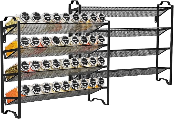 Simple Trending 2 Pack 4 Tier Spice Rack Organizer,Stackable Kitchen Counter Shelves,for Cabinet,Countertop,Pantry, Door or Wall Mount, Metal Mesh,Jars not Included, Black
