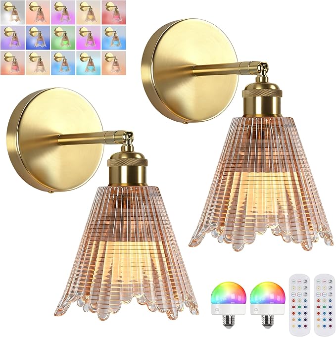 Jeanmsa Battery Operated Wall Sconce Set of 2, Vintage Wireless Wall Sconces with 5400mAh RGB Dimmable Bulbs and Remote, Wireless Indoor Wall Lamp with Remote for Bedroom Living Room Bathroom