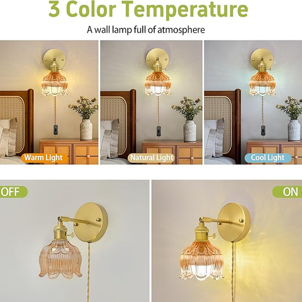 Plug in Wall Sconces Set of 2, Plug in Wall Lamp, Vintage Wall Light with Amber Tulip Glass Lampshade, 3-Way Dimmable with Dual Switches, No Wiring Needed for Bedroom Wall Decor and Hallway